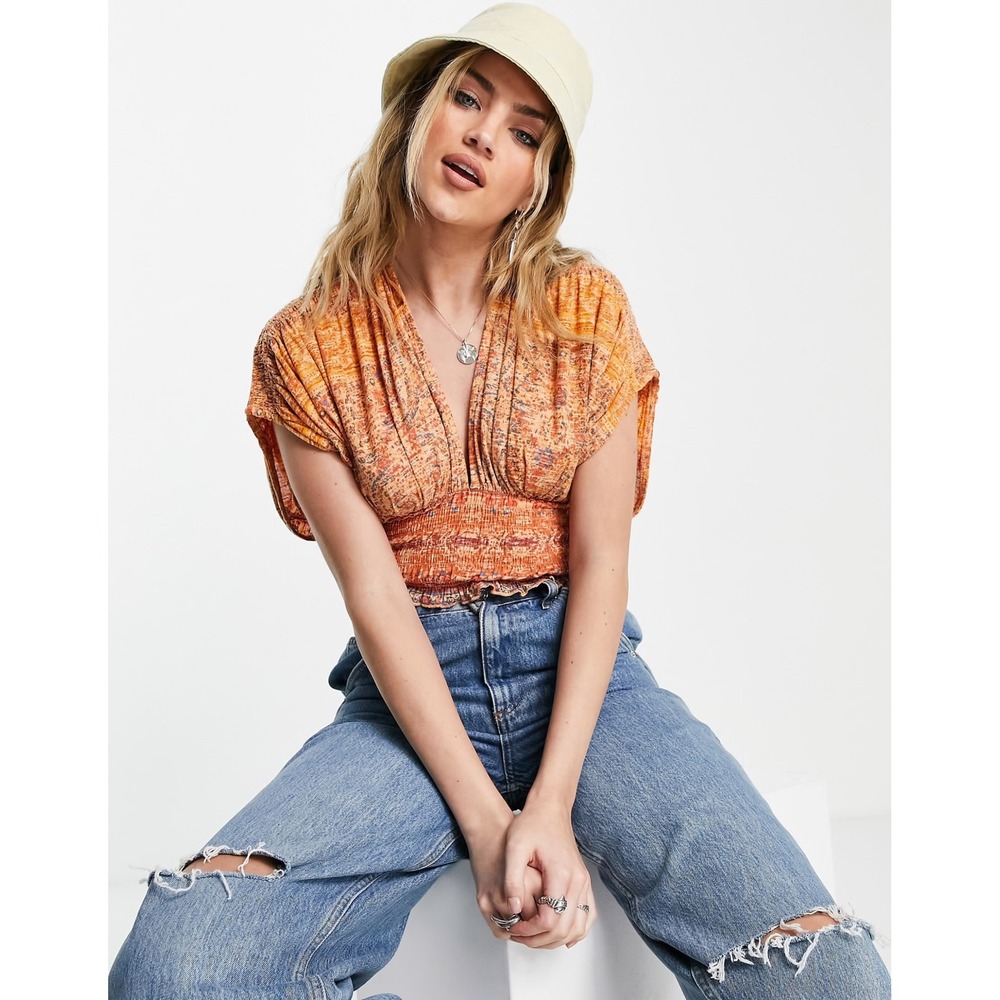 Free People Womens XL Orange Floral Smocked Medallion Crop Top OB1323337